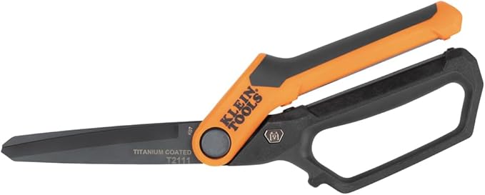 Klein Tools T2111 Titanium-Coated Professional Scissors, High Leverage Stainless Steel Shears, Serrated Blades, Cuts Heavy Duty Material, 10-Inch