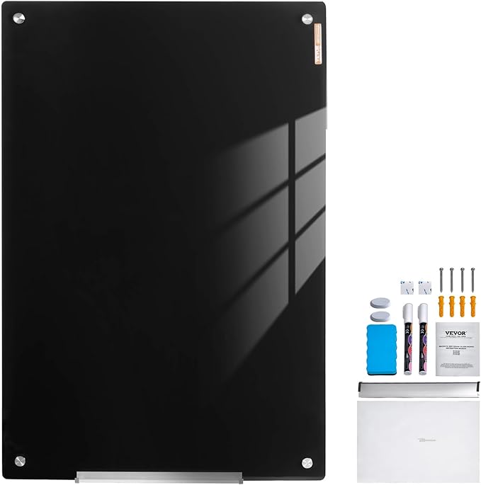 VEVOR Magnetic Glass Whiteboard, Dry Erase Board 36"x24", Wall-Mounted Large White Glassboard Frameless, with Marker Tray, an Eraser and 2 Markers, Black