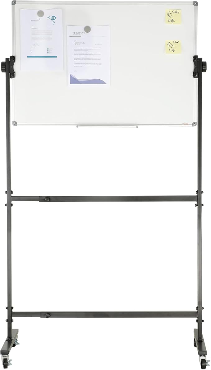 VEVOR Rolling Magnetic Whiteboard, Double-Sided Mobile Whiteboard 36x24 Inches, 360° Reversible Adjustable Height Dry Erase Board with Wheels & Movable Tray for Office, School