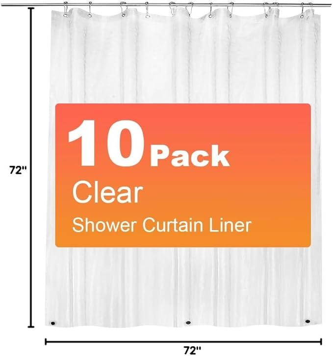 10 Pack PEVA Plastic Shower Curtain Liner Premium Light Weight 72" x 72" Clear Bathroom Shower Showroom Curtain Liner with Rustproof Metal Gromments and Weighted Magnet