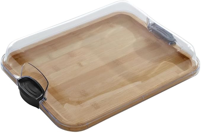 Farberware Build-A-Board Bamboo Cutting Board with Single Storage Compartment, Clear Locking Lid, Black Handles, Perfect for Charcuterie & Snacks