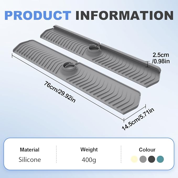Kitchen Sink Faucet Mat, 2025 New Foldable Faucet Mat for Kitchen Sink, 30in Silicone Faucet Guard & Draining Mat Keep Countertops Dry Splash Guard (Gray, 30in)
