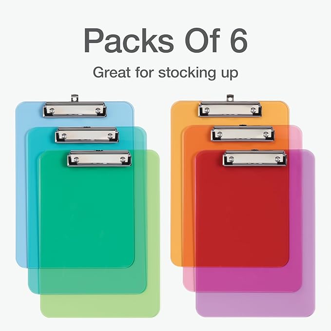 Oxford Plastic Clipboards, Metal Clip with Plastic Corners, Writing Surface with Hanging Loop, Assorted Colors, 12.5" x 9", 6 Pack (25402)