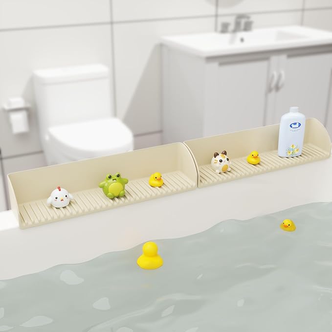Roslim Splash Guard for Bathtub & Sink - Silicone Kids Bath Splash Guard Shelf, Bath Toy Tray Holder, Tub Water Splash Guard with 4 Suction Cups, Bathroom Accessories for Baby Bath, 1Pack, Beige