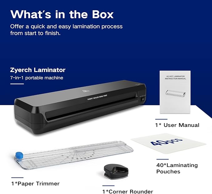 13 Inch A3 Laminator Machine, 7 in 1 Desktop Thermal Laminator, Never Jam with 40 Laminating Pouches, Paper Trimmer and Corner Rounder, Fast Warm-Up, Home Office School Use, Black