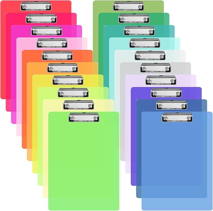 20 Pcs Plastic Clipboards Bulk 20 Assorted Colors 12.5 x 9 In Clear Colored Clip Board Standard A4 Letter Size Low Profile Clipboard Portable for Classroom Office Supplies Students Back to School