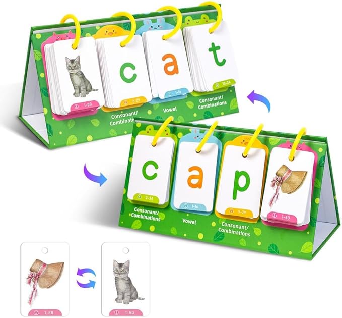 Phonics Flash Cards Learn to Read Word Builder Games Word Building Desktop Pocket Tent Flash Cards Kit with 129 Cards for Reading and Spelling Phonics Learning