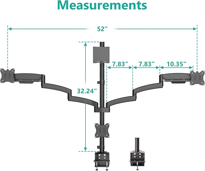 WALI 4 Monitor Mount for 13-49 inch Ultrawides on Top Bracket and 27 inch Screens on Lower Brackets, Heavy Duty Gas Spring Arm Extra Tall Quad Monitor Stand, up to 44 lbs (GSDM004S-P), Black