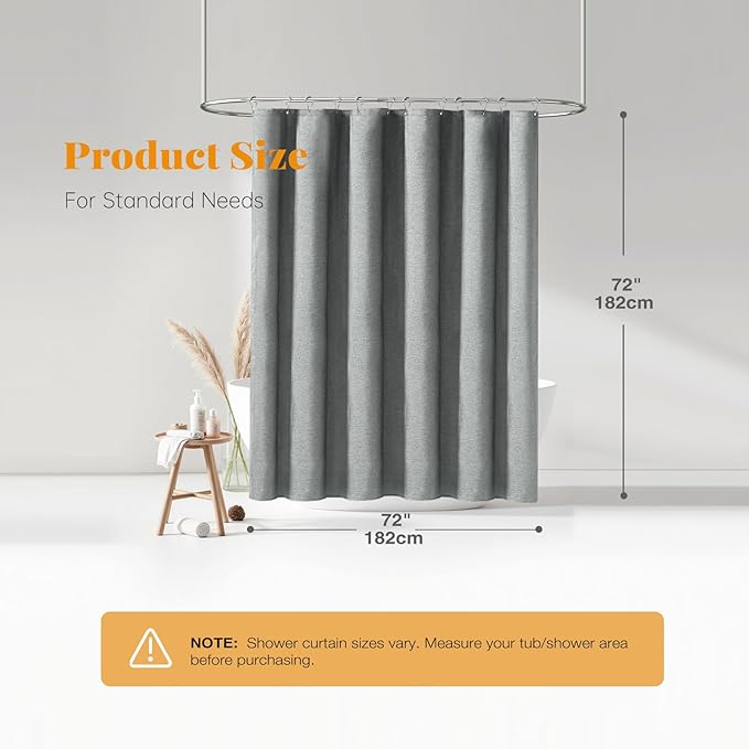 BTTN Grey Fabric Shower Curtain, 230GSM Linen Textured Heavy Duty Cloth Shower Curtain Set with Hooks, Waterproof Neutral Weighted Hotel Luxury Decorative Shower Curtains for Bathroom(Gray, W72xH72)