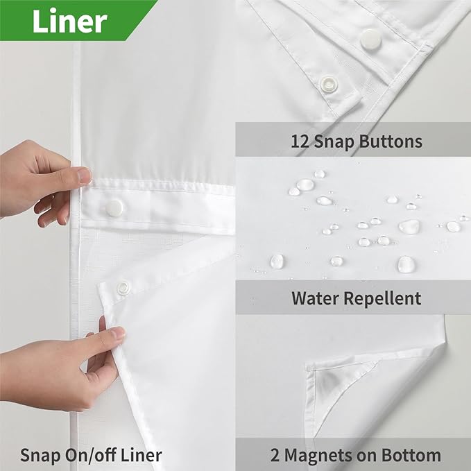 Stall No Hooks Needed Linen Textured Shower Curtain with Snap-in Fabric Liner Set,Hotel Luxury Decor Shower Curtains for Bathroom,Waterproof & Washable,48Wx74H,White
