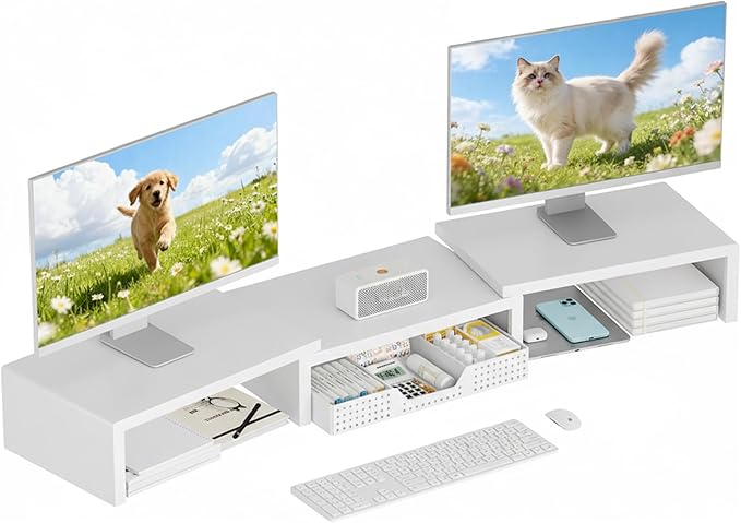 OPNICE Desk Organizer, Dual Computer Monitor Stand Riser with Drawer, Office Desk Accessories & Workspace Organizers, White