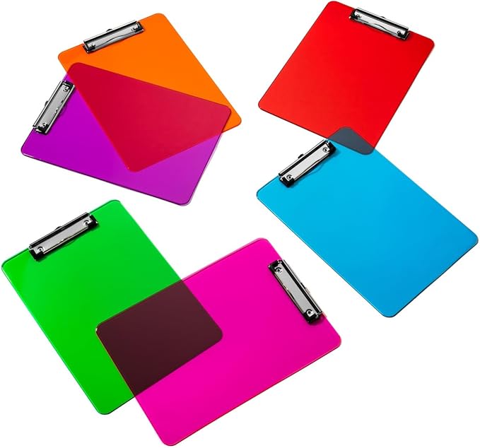 Plastic Clipboards with Low Profile Clip Set of 6-12.5 x 9 Inch Multi Color Plastic Clipboards Bulk - Clear Clip Boards Bulk Classroom - Holds 100 Sheets, Acrylic Clipboard Clear (12 Pack)