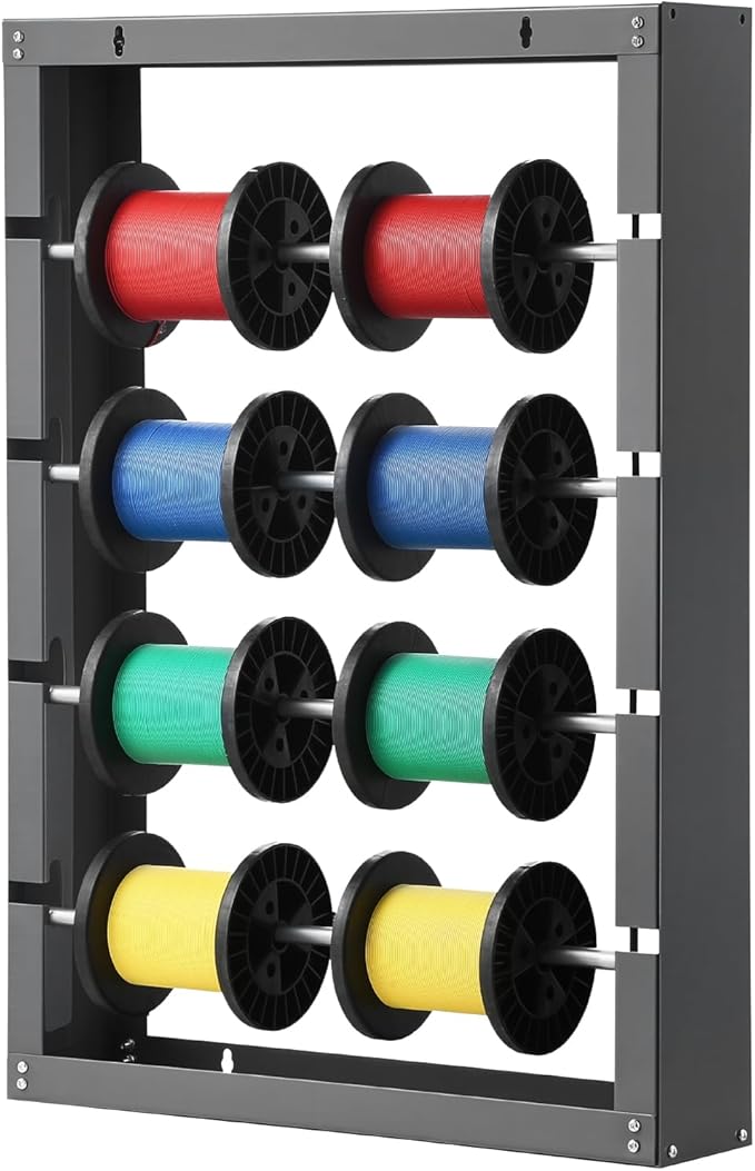 VEVOR Wire Spool Rack, 4 Adjustable Rods, Cold-Rolled Steel Wire Spool Holder Wall Mounted for Multi-Spools, Wiring Storage, 150 lbs Capacity Cable Dispenser, for Electrical Industrial Retail Use