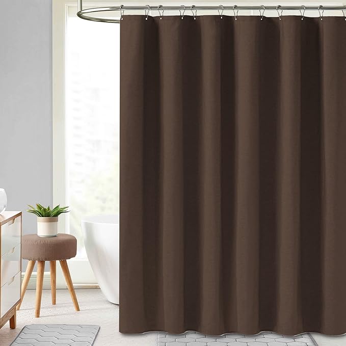 BTTN Fabric Shower Curtain, Linen Textured Heavy Duty Polyester Cloth Shower Curtain Set with Plastic Hooks, Brown, 72x96