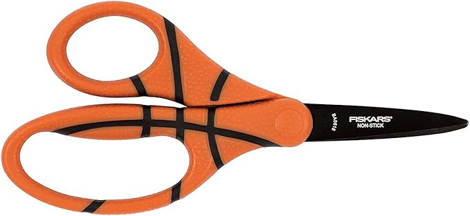 Fiskars 5" Pointed-Tip Scissors for Kids 4-7 with Non-Stick Blades - Scissors for School or Crafting - Back to School Supplies - Basketball