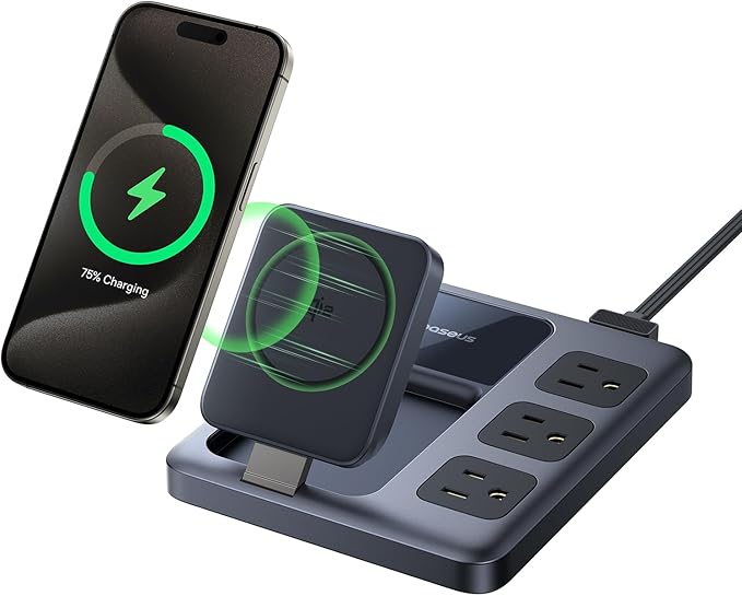 Baseus Nomos 8-in-1 Charging Station 67W, Qi2 Certified 15W Magnetic Wireless Charger with 3AC & 4USB, Foldable Detachable Slim Power Strip for Magsafe, iPhone 16/15 Pro Max, MacBook Pro