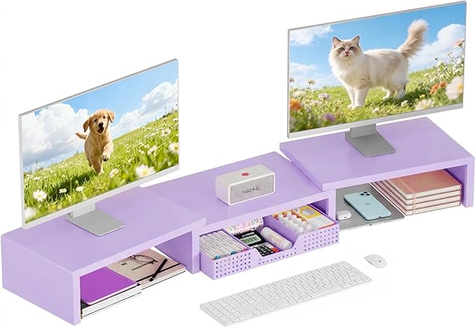 OPNICE Dual Computer Monitor Stand Riser with Drawer, Workspace Desk Organizer, Office Supplies Desk Accessories for Women, Purple