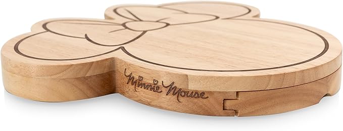PICNIC TIME Disney Minnie Mouse Head Shaped Cheese Board with Tools, Parawood Charcuterie Board with Recessed Groove and Stainless Steel Utensils (Parawood)
