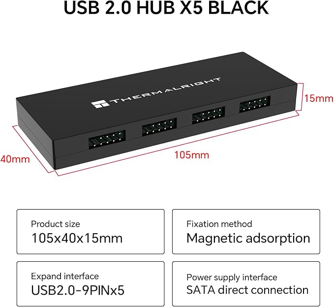 Thermalright Interal USB 2.0 Hub X5, SATA Powered, Magnetic Mount, 9-Pin USB Expansion for PC Motherboard (Black)