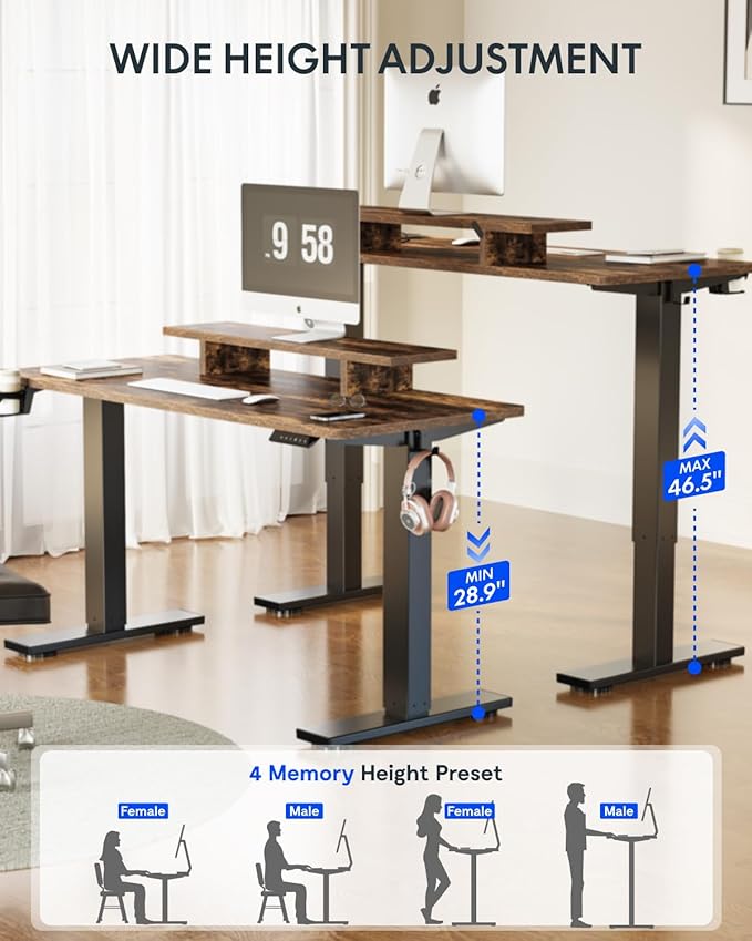 FLEXISPOT Standing Desk with Monitor Stand, 55 x 24 Inches One-Piece Electric Height Adjustable Computer Desk with Cup Holder, Home Office Desks (Black Frame+ Rustic Top)