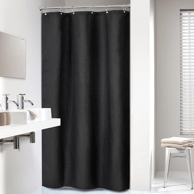 Dynamene Stall Black Fabric Shower Curtain - Waffle Textured Small Heavy Duty Cloth Shower Curtains for Bathroom, 256GSM Narrow Hotel Spa Luxury Bath Curtain Set with 6 Plastic Hooks(36Wx72H, Black)