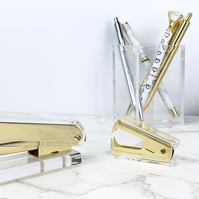 NatSumeBasics Clear Acrylic Staple Remover 2pcs Cute Gold Staple Stapler Removers Staples Puller Tool for Home Office School Desk Accessories (2 Yellow Gold)