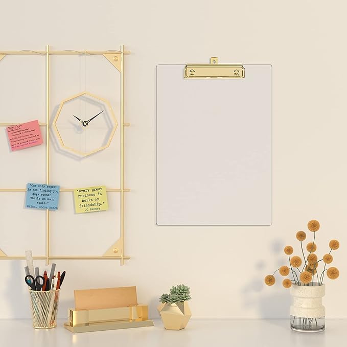Piasoenc Acrylic Clipboards, Fashion Glitter Clip Board with Low Profile Gold Clip, Designed for Classroom School and Office Use, A4 Letter Size 9 x 12.5 in,Clear