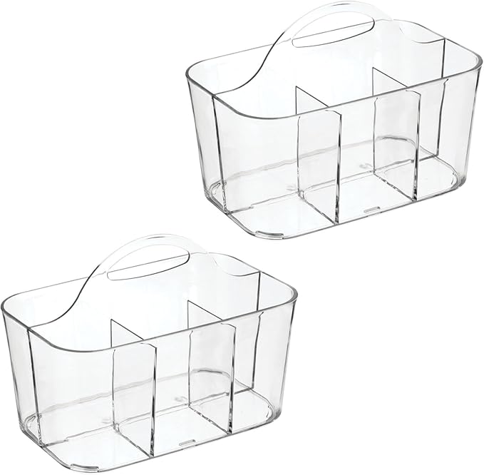 mDesign Plastic Portable Craft Storage Organizer Caddy Tote, Divided Basket Bin w/Handle - Craft, Sewing, Art Supplies - Holds Brushes, Colored Pencils - Lumiere Collection - Clear, 2 Pack