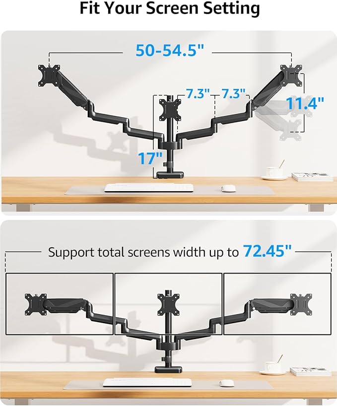 MOUNTUP Triple Monitor Mount, Triple Monitor Desk Mount for Max 27 inch Computer Screens, 3 Monitors Stand for Desk, Monitors Arm with Swivel, Tilt, Rotation, Each Arm Holds 4.4-19.8 lbs