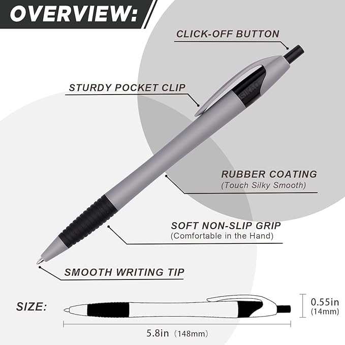 Pens Bulk, 60 Pack Minimal Gripped Slimster Ballpoint Pens, Black Ink 1.0mm, Smooth Writing Click Pens in White Grey Black, Ideal for Office, School, Teachers, Students & Front Desk Use