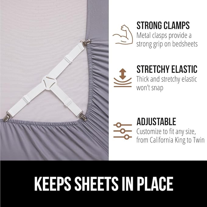 Gorilla Grip Headboard Gap Pillow and Bed Sheet Straps, Headboard Gap Pillow Size Twin, Dense Foam Wedge, Sheet Fasteners 4 Pack, Adjustable Elastic with Metal Clips, Both in White, 2 Item Bundle