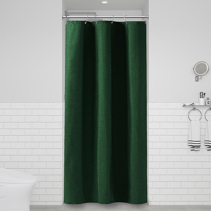 BTTN Stall Fabric Shower Curtain - 36x72 Inch Narrow Linen Textured Heavy Duty Shower Curtain Set with 6 Plastic Hooks, Hotel Luxury Half Waterproof Neutral Bath Curtains for Bathroom - Emerald Green