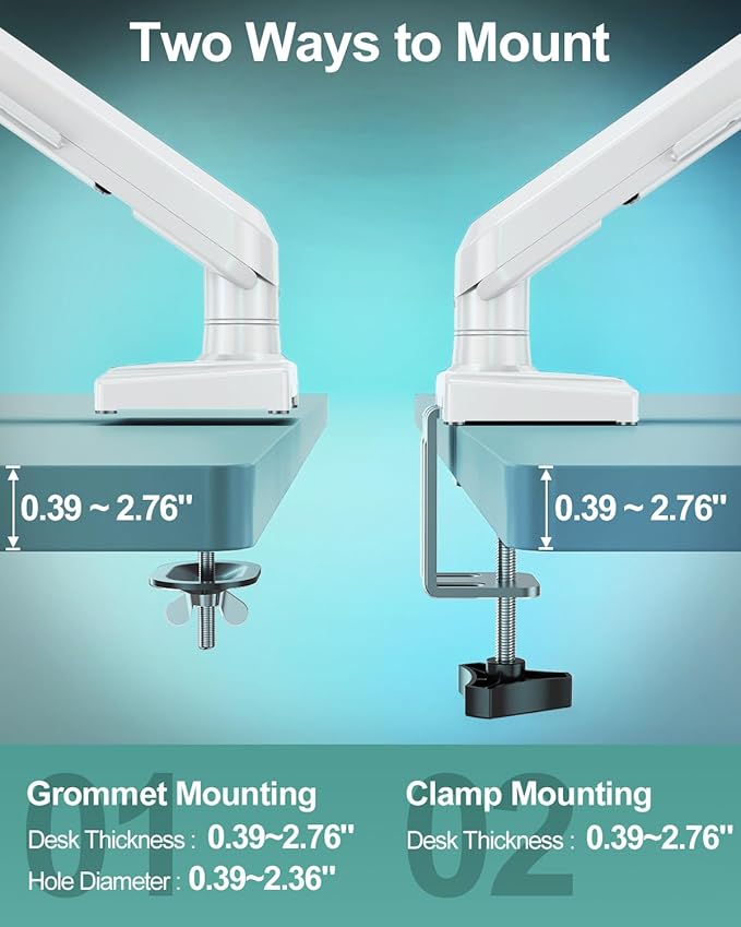 Dual Monitor Desk Mount, 13-32 inch Adjustable Full Motion Monitor Arm, Computer Display Stand Holder with Clamp and Grommet Base, Fits 4.4 to 22lbs Screens, VESA Mount Bracket, White, Freelift Pro