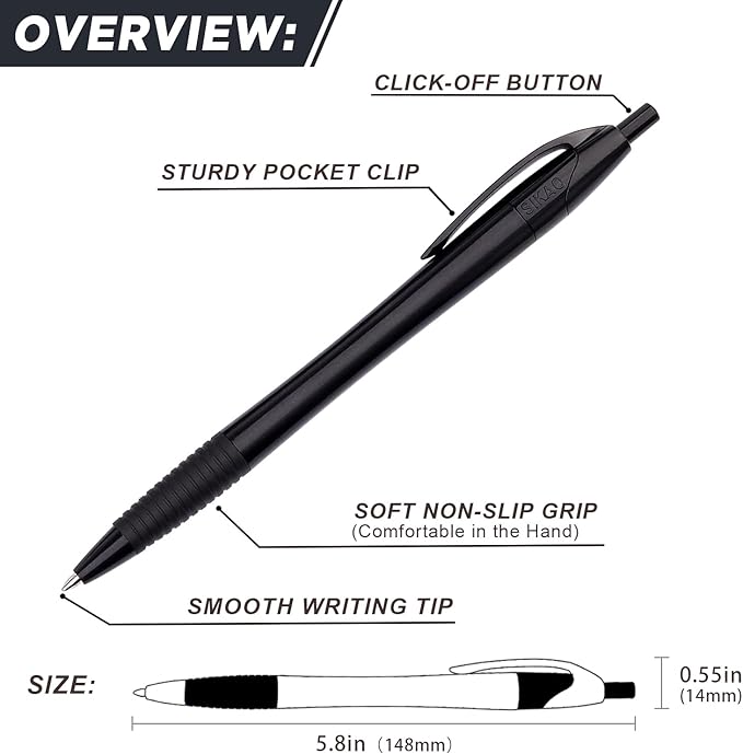 Pens Bulk, 60 Pack Black Gripped Slimster Ballpoint Pens Black Ink 1.0mm Medium Point Smooth Writing, Click Pens with Comfort Grip for Teachers, Students, Servers, School & Office Use