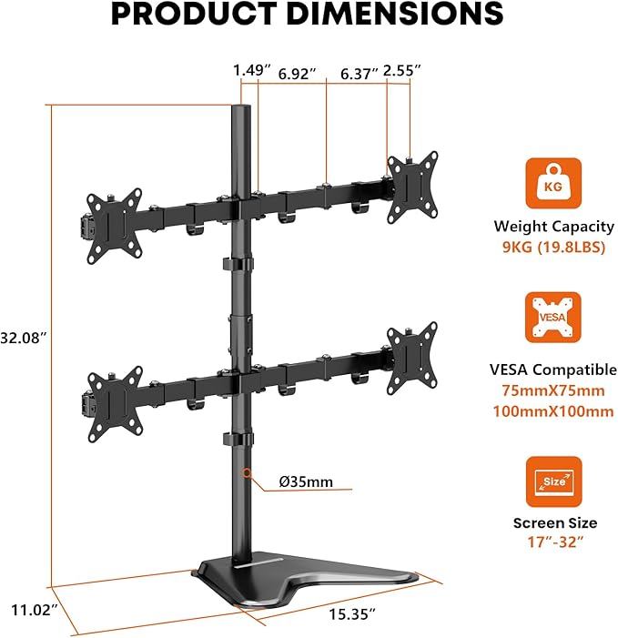 Quad Monitor Stand, Fully Adjustable Stacked 4 Screen Desk Mount for 17 to 32 Inch Computer Screens,Hold up to 19.8lbs Each,Black