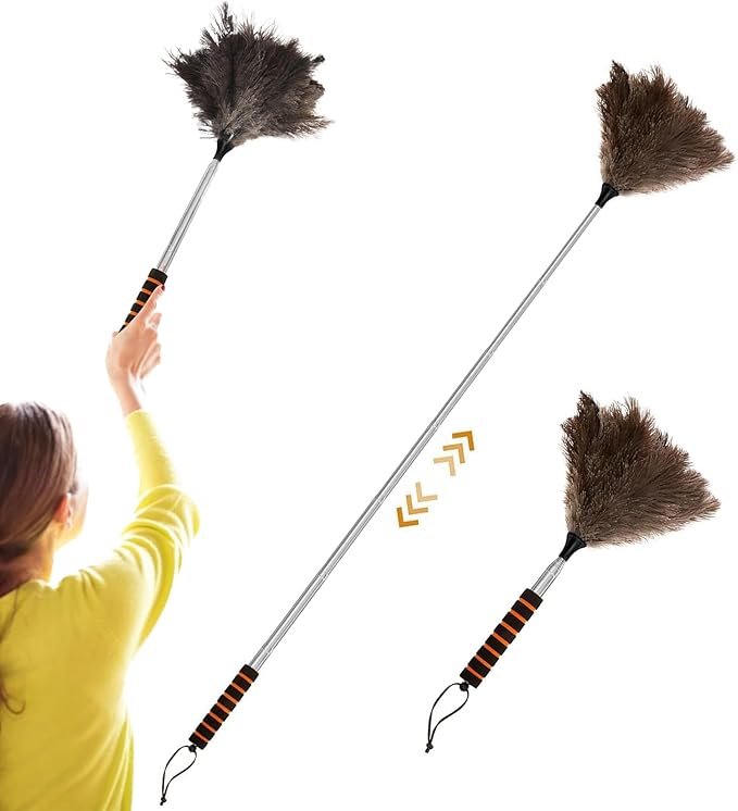 Duster with Extension Pole - 61-Inch Soft Feathers Dusting Mop, Anti-Static Washable Duster | Long Reach Cleaning Tool for Vents, Blinds, Baseboards, Fans, RV, Car, Outdoor Pet Hair Remova