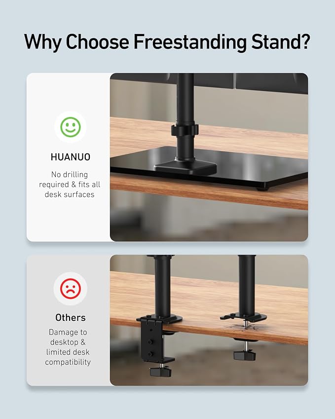 HUANUO Freestanding Dual Monitor Stand, 32 Inch Dual Monitor Mount for 2 Screens, Holds up to 19.8 lbs per Arm, Gaming Monitor Arm Riser with Tempered-Glass Base, Tilt, Swivel, Rotation, Black