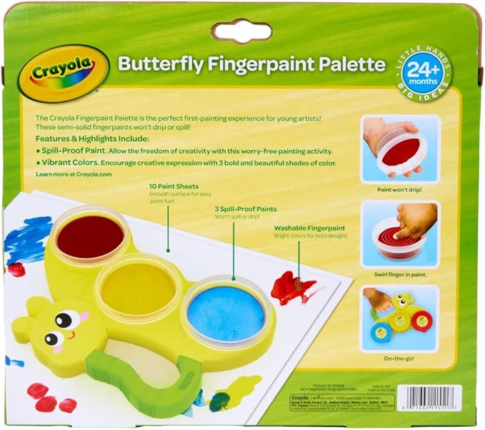Crayola Butterfly Fingerpaint Pallette (3ct), Washable & Spillproof Fingerpaint for Toddlers, Less Mess Paint, Toddler Gift, Ages 2+