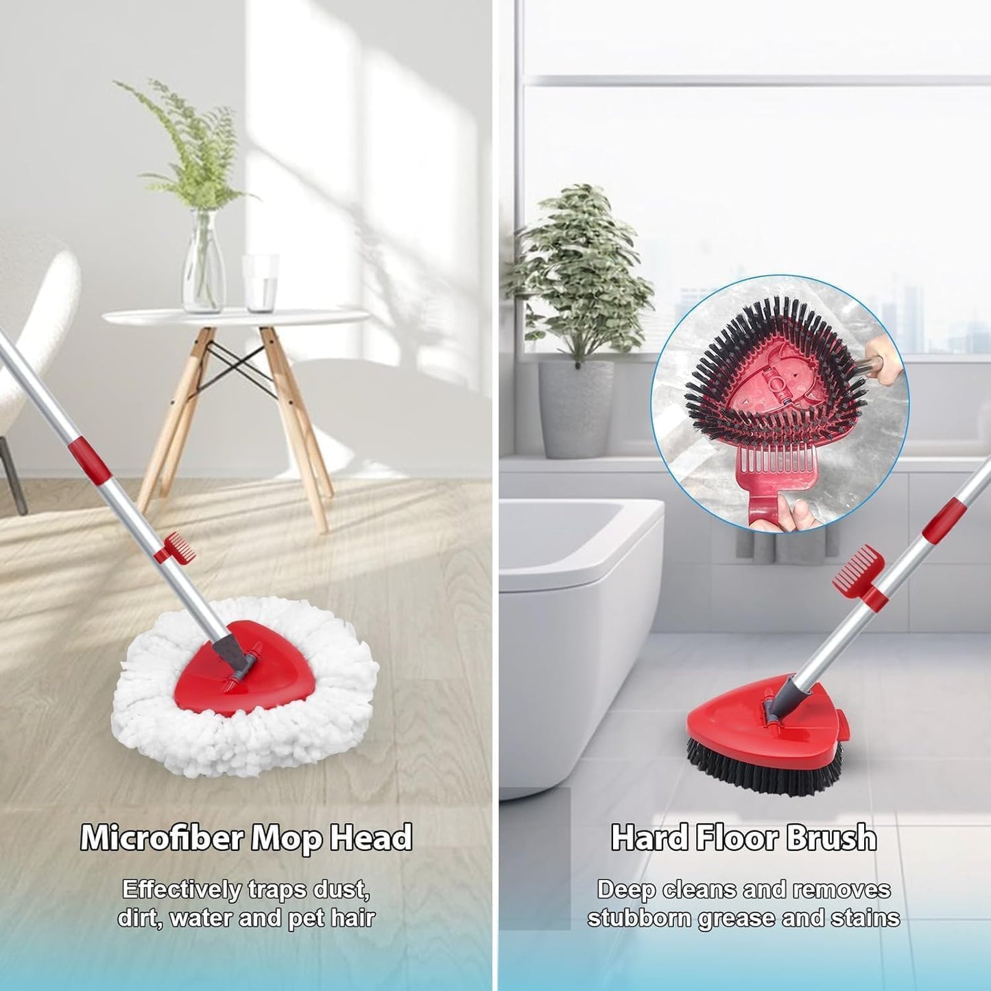 Spin Mop Head and Brush Replacement Compatible with O Cedar EasyWring 1-Tank System, 4 Mop Replace Heads, 1 Handle, 1 Base and 1 Scrub Brush Combo Set