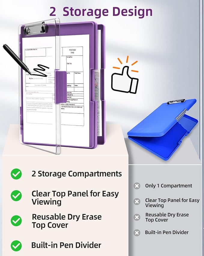 Clearview Clipboard with 2 Storage, Dry Erase 8.5x11 Heavy Duty ClipBoards - High Capacity Coaches Clip Board with Pen Holder - Side Opening Plastic Nursing Clip Case (Dark Purple)