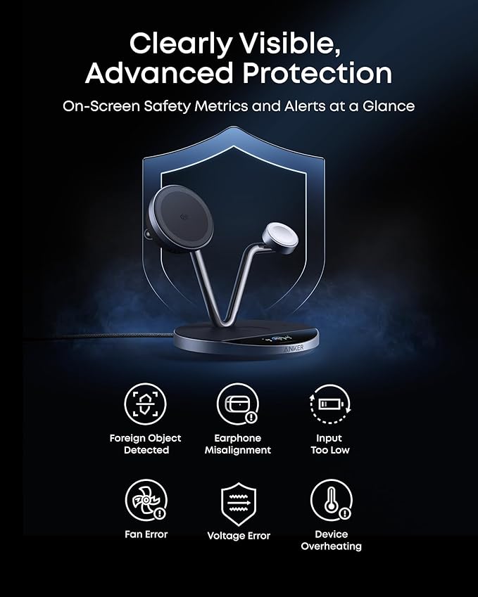 Anker Prime MagSafe Charger Compatible, 3-in-1 Charging Station, Qi2 25W Certified Wireless Charger Dock Stand, Smart Display with TEC Active Cooling, for iPhone 17, Apple Watch, AirPods, and More