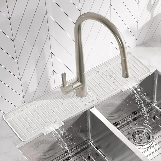 Kitchen Sink Splash Guard, 20IN Longer Silicone Faucet Guard & Draining Mat, Bathroom and Kitchen Sink Organizer, Sink Faucet Mat Water Splash Guard Behind Faucet Accessories Gadget, 20” x 5.5”, White