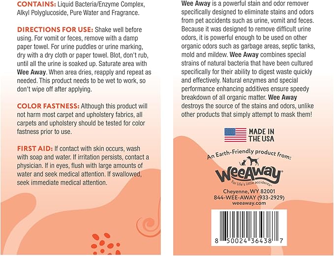 Wee Away Original Formula Concentrated Stain & Odor Remover, Enzyme Cleaner, Pet Urine Odor Eliminator for Home - Pet Mess Destroyer for Carpet & Furniture, Original Citrus Scent, 32 fl oz