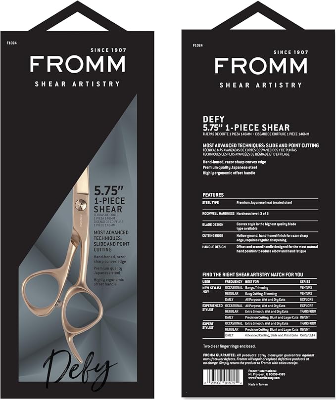 Fromm Professional Defy 5.75" 1-Piece Precision Slide & Point Hair Cutting Shears in Matte Gold Japanese Steel Scissors with Razor Sharp Convex Blade for Expert Salon Stylists