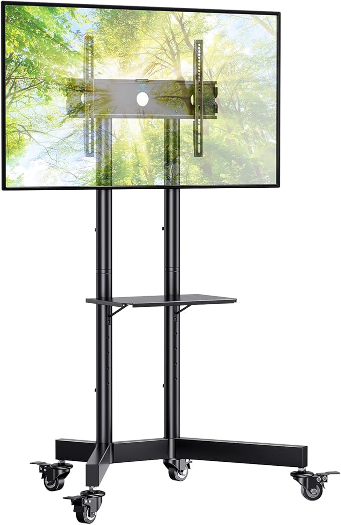 PERLESMITH Rolling TV Stand with Lockable Wheels for 32-86 Inch TVs Holds up to 132 Lbs, Height Adjustable Mobile TV Stand on Wheels with Laptop Shelf, Rolling Tv Cart Max VESA 600x400mm PSTVMC01