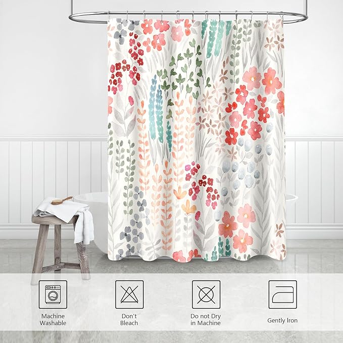 Extra Long Shower Curtain 72 x 96 Inch, Floor to Ceiling X-Long Tall Cute Floral Shower Curtain for Bathroom, Retro Red Teal Wildflower Boho Cottagecore Fabric Shower Curtain Set with Hooks