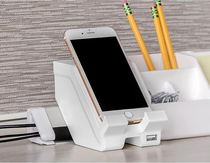 Bostitch Office Konnect 5-Piece Desktop Organizer Kit, Includes Cable Management Rail, Charging Phone Dock, Tape Dispenser, Sticky Notes, Storage Bin, White (KT-CKIT1-WHITE)