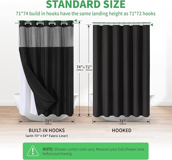 No Hooks Needed Linen Textured Shower Curtain with Snap-in Fabric Liner Set,Black Hotel Luxury Decor Shower Curtains for Bathroom with Mesh Top Window,Waterproof & Washable,71Wx74H
