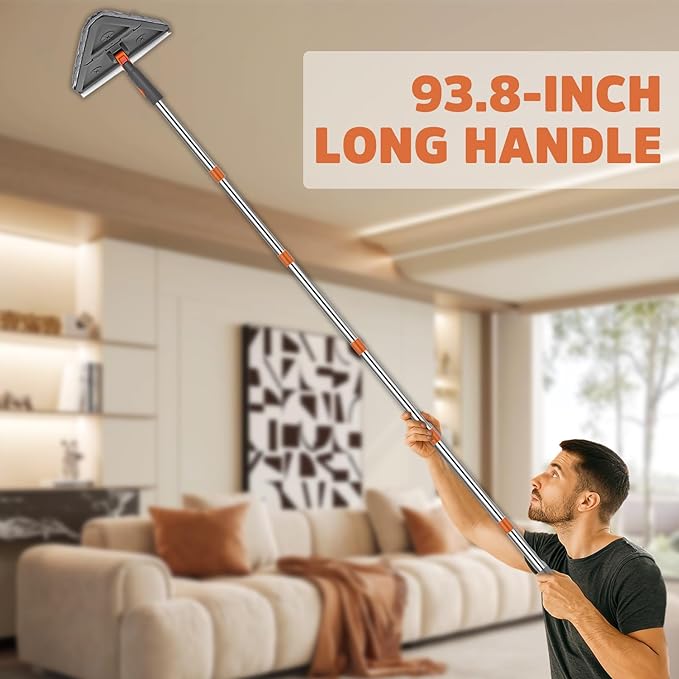 Wall Cleaner Mop with 94" Long Handle, 2-in-1 Triangle & Rectangle Head with Squeegee, 10 Washable Pads, Baseboard Cleaner Tool for Walls Scrubber, Ceilings, Windows, Glass, Fans, Doors, Corners