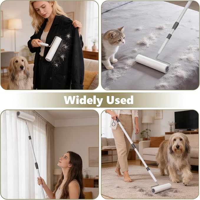 Large Lint Rollers for Pet Hair Extra Sticky, 9.45'' Long Handled Giant Lint Roller,6 Replaceable Rolls for Cleaning Carpets, Clothing, Couch, Furniture Wall Cleaner Mop Dust Remover